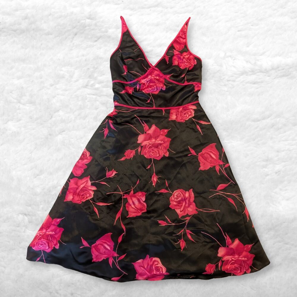 y2k niki livas black satin rose print lace-up prom dress